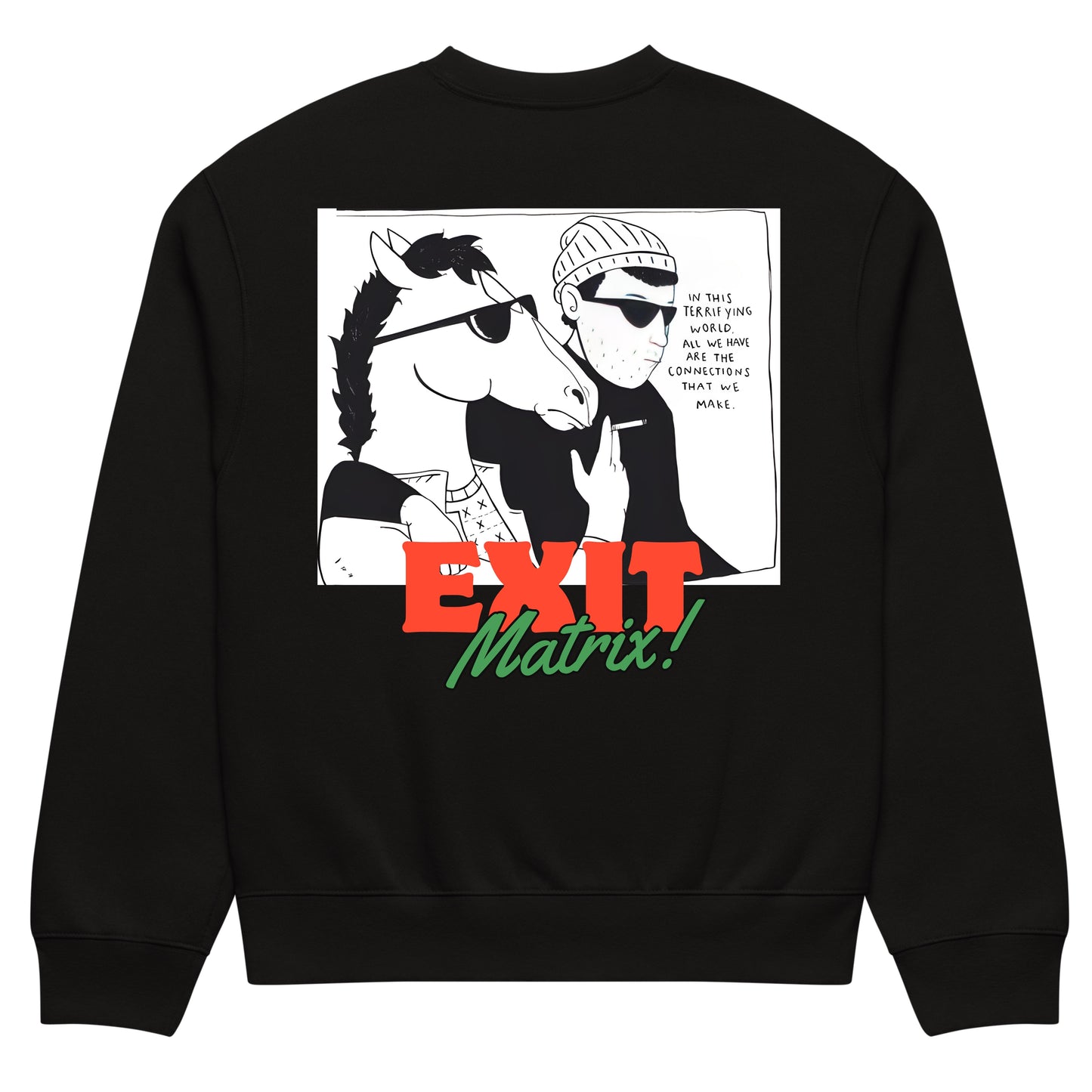 Black cotton crewneck sweatshirt with Bojack horseman artwork by Haram Prints – Egypt winter collection